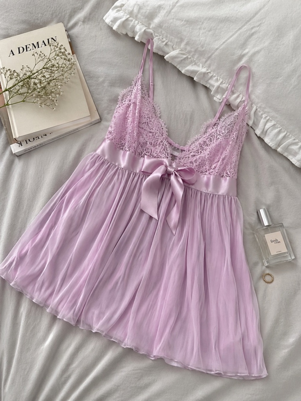 Victoria's Secret Pink Lace Babydoll Cami Bow Front Sheer Lingerie S/M